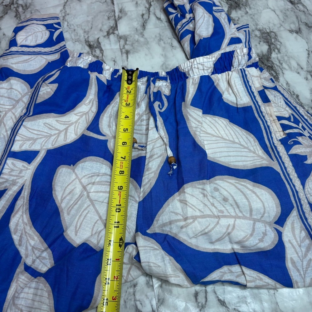 Rachel Zoe Blue Tan leaf Pattern wide leg high rise Linen Blend Pants small - Picture 4 of 7